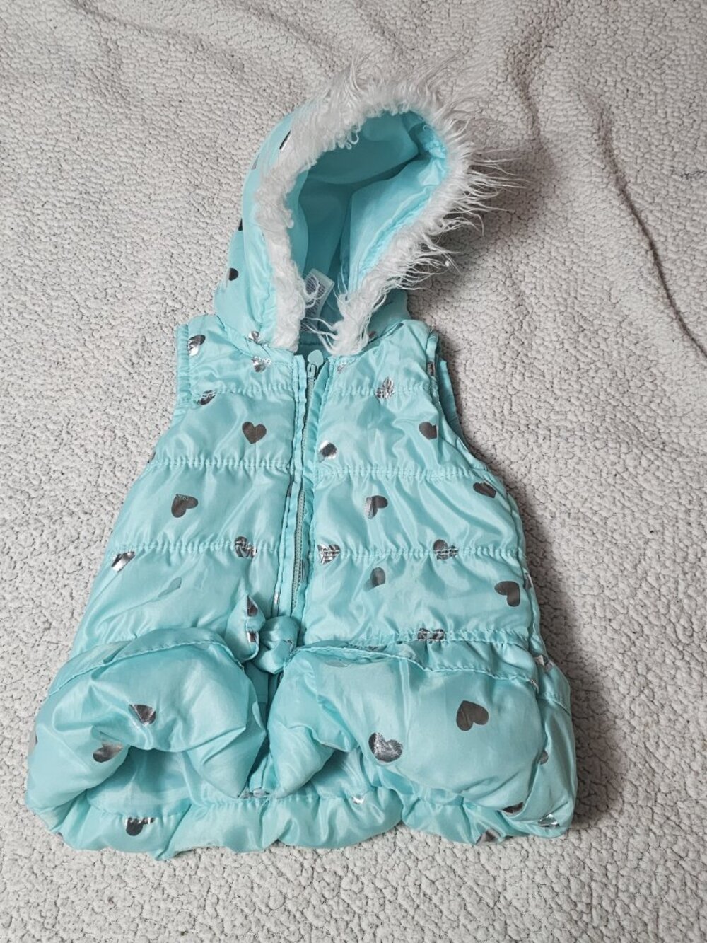 Nannette Girls Teal Puffer Vest Kids 3T Hooded Bow Faux Fur Silver Heart Ruffle